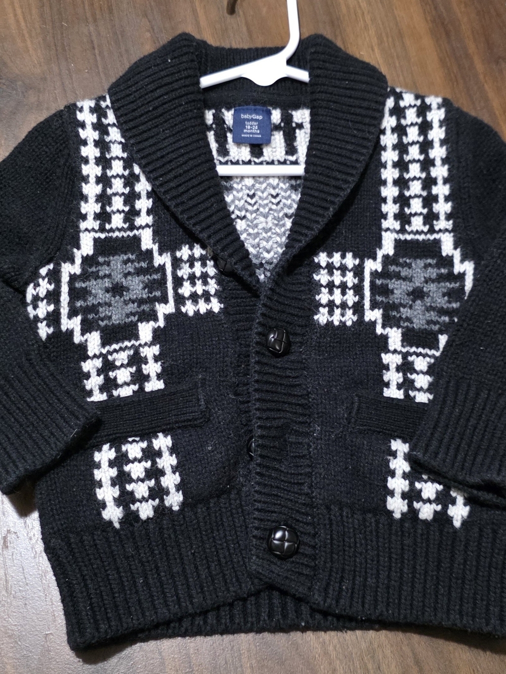 GAP Black Knit Shawl-Collar Cardigan with White & Gray Pattern